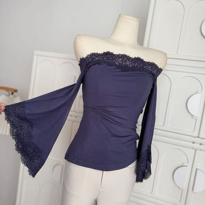 Bell Sleeve Off-Shoulder Lace Trim Slim Top