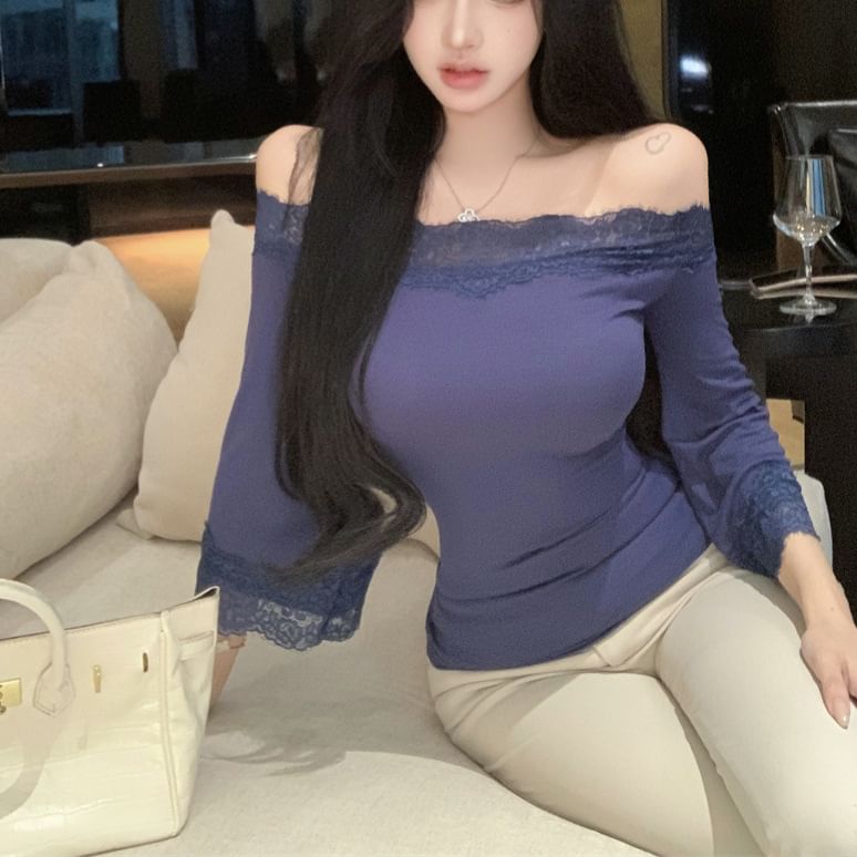 Bell Sleeve Off-Shoulder Lace Trim Slim Top