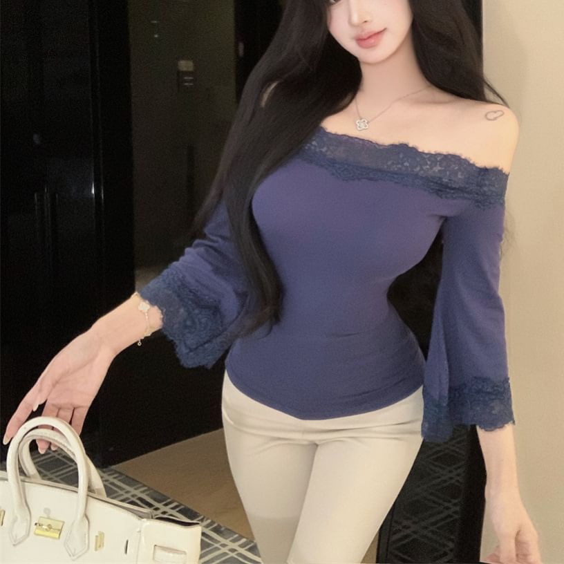 Bell Sleeve Off-Shoulder Lace Trim Slim Top