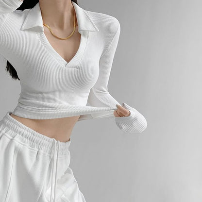 Plain V-Neck Long-Sleeved Polo Shirt