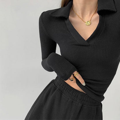 Plain V-Neck Long-Sleeved Polo Shirt
