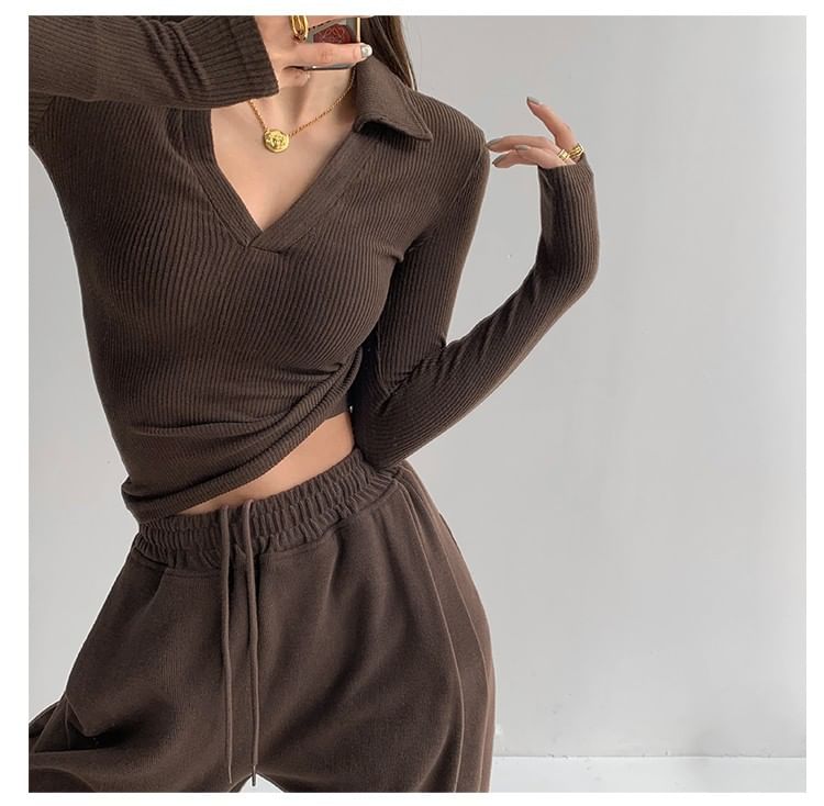 Plain V-Neck Long-Sleeved Polo Shirt