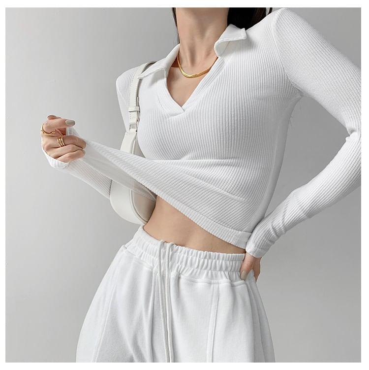 Plain V-Neck Long-Sleeved Polo Shirt
