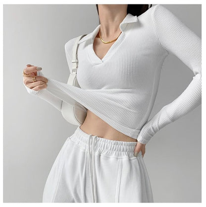 Plain V-Neck Long-Sleeved Polo Shirt