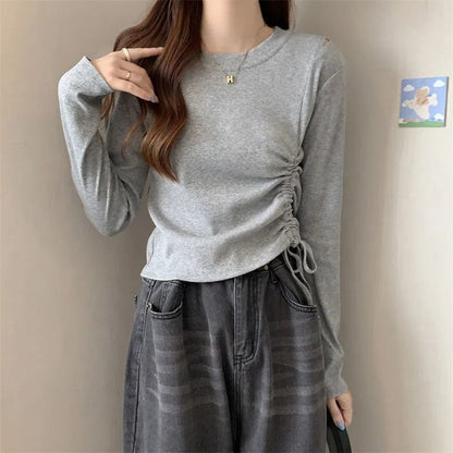 Drawstring Crew-Neck Plain Long-Sleeved T-Shirt