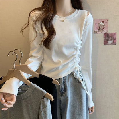Drawstring Crew-Neck Plain Long-Sleeved T-Shirt