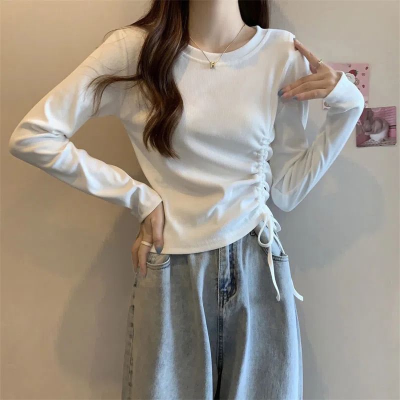 Drawstring Crew-Neck Plain Long-Sleeved T-Shirt