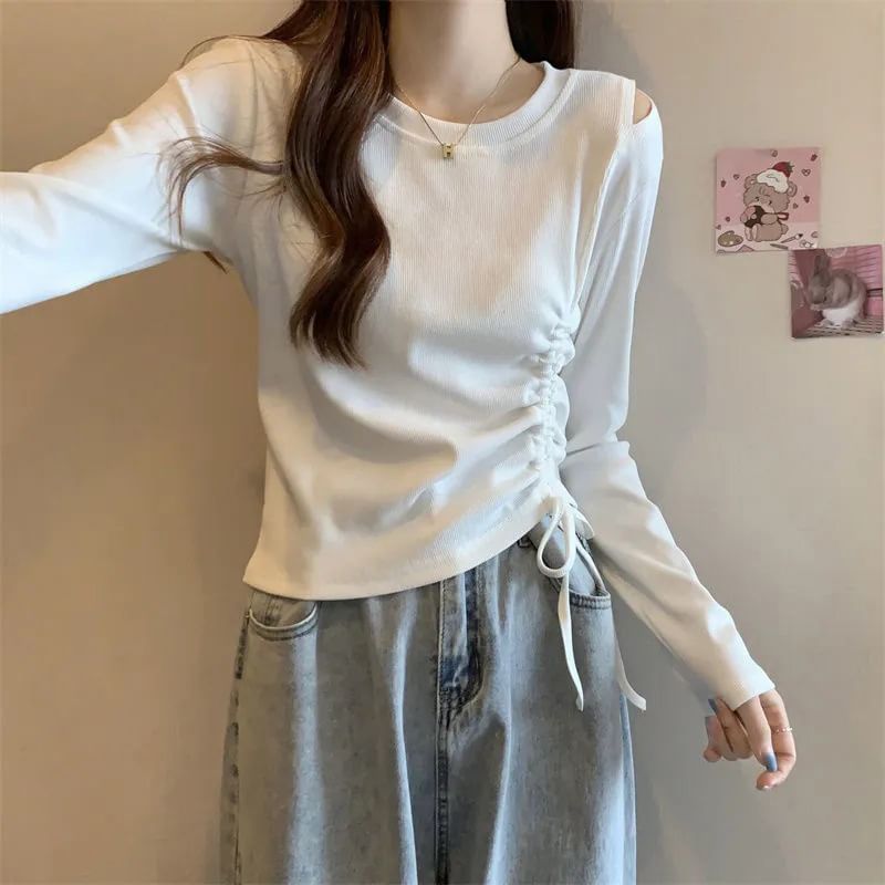 Drawstring Crew-Neck Plain Long-Sleeved T-Shirt