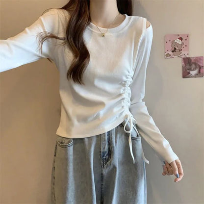 Drawstring Crew-Neck Plain Long-Sleeved T-Shirt