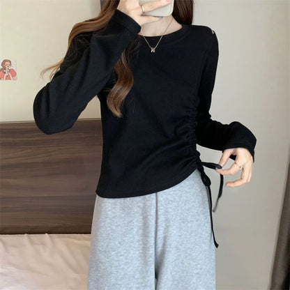 Drawstring Crew-Neck Plain Long-Sleeved T-Shirt