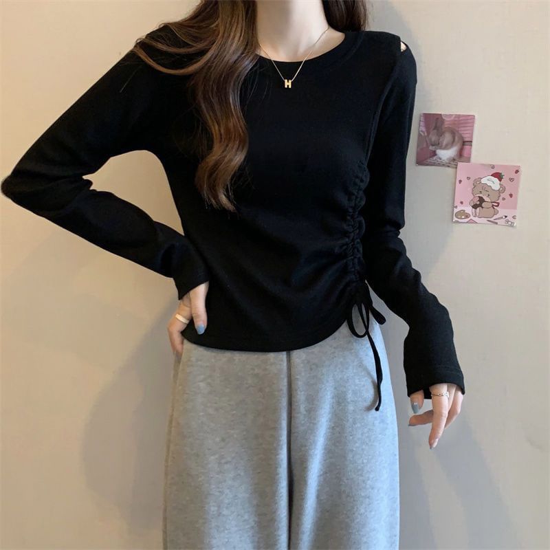 Drawstring Crew-Neck Plain Long-Sleeved T-Shirt