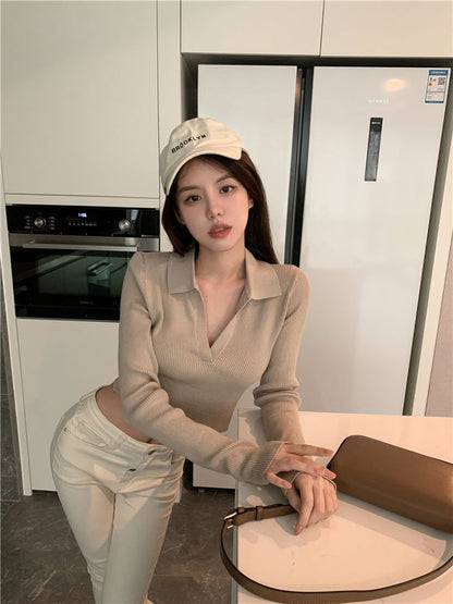 Plain V-Neck Cropped Long-Sleeved Polo Shirt