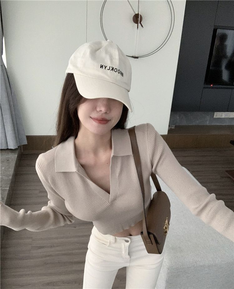 Plain V-Neck Cropped Long-Sleeved Polo Shirt