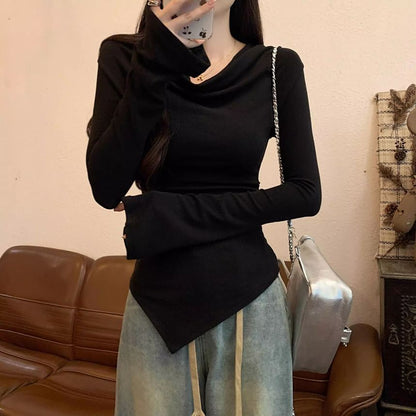Plain Asymmetric Cowl-Neck Long-Sleeved T-Shirt