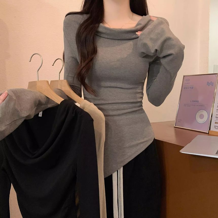 Plain Asymmetric Cowl-Neck Long-Sleeved T-Shirt