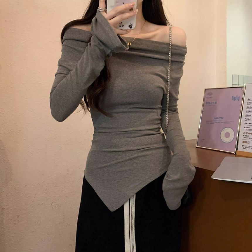 Plain Asymmetric Cowl-Neck Long-Sleeved T-Shirt