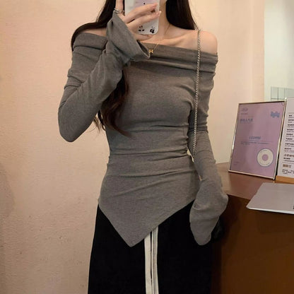 Plain Asymmetric Cowl-Neck Long-Sleeved T-Shirt