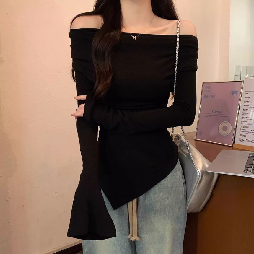 Plain Asymmetric Cowl-Neck Long-Sleeved T-Shirt