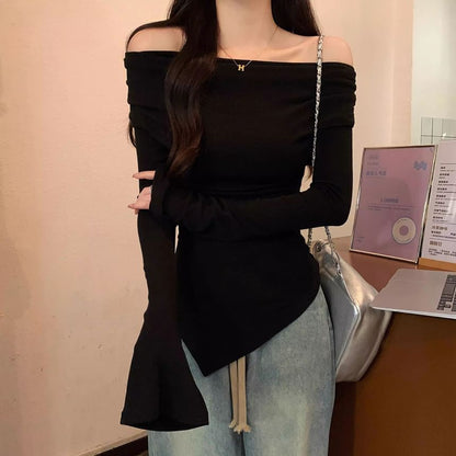 Plain Asymmetric Cowl-Neck Long-Sleeved T-Shirt