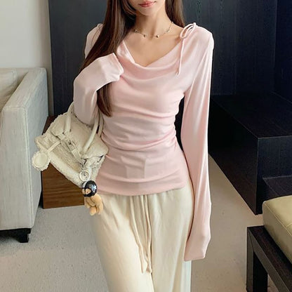 Ruched Cowl-Neck Plain Long-Sleeved T-Shirt