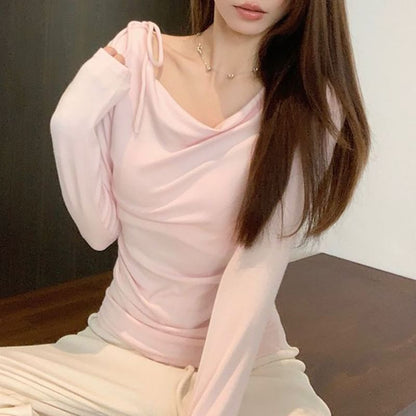 Ruched Cowl-Neck Plain Long-Sleeved T-Shirt