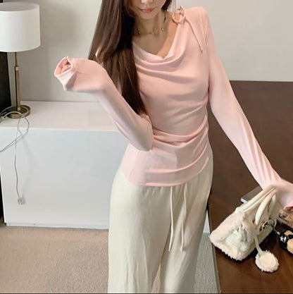 Ruched Cowl-Neck Plain Long-Sleeved T-Shirt