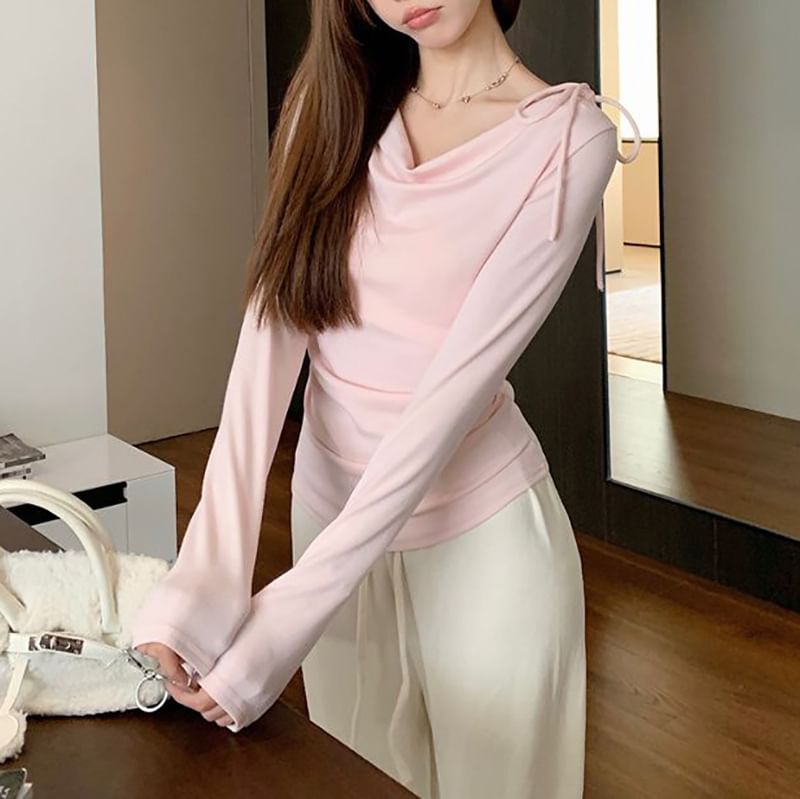 Ruched Cowl-Neck Plain Long-Sleeved T-Shirt