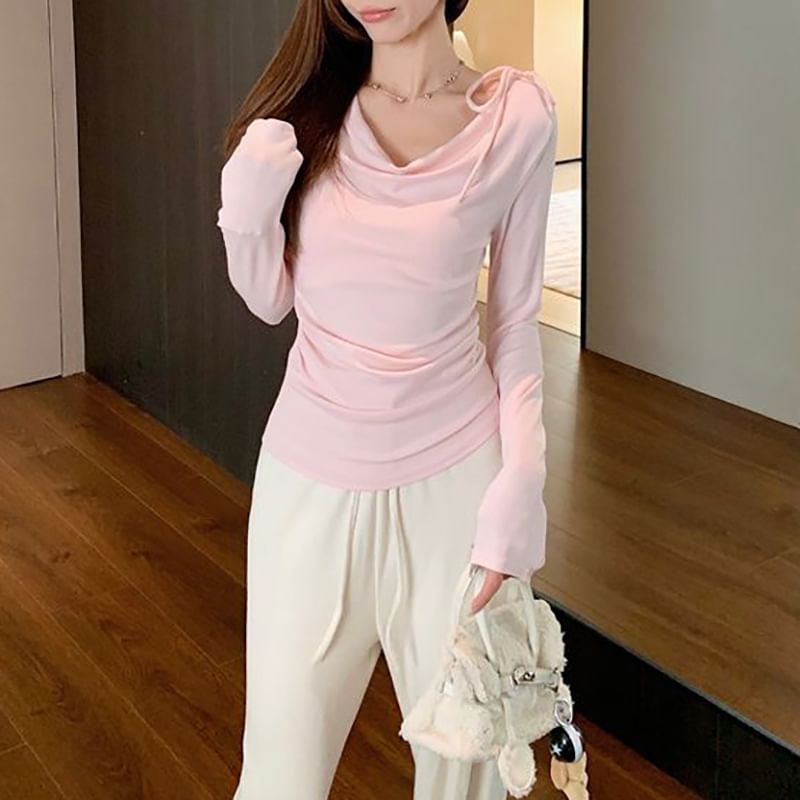 Ruched Cowl-Neck Plain Long-Sleeved T-Shirt