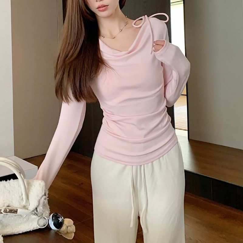 Ruched Cowl-Neck Plain Long-Sleeved T-Shirt