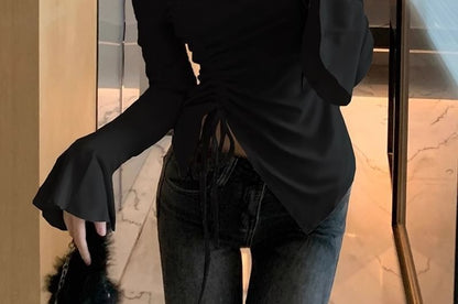 Plain Slit Asymmetric Off-Shoulder Long-Sleeved T-Shirt