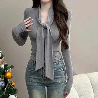Tie-Front Plain V-Neck Long-Sleeved Tee