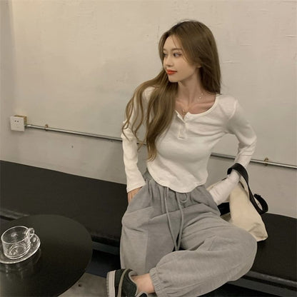 Cropped Henley-Neck Plain Long-Sleeved Tee
