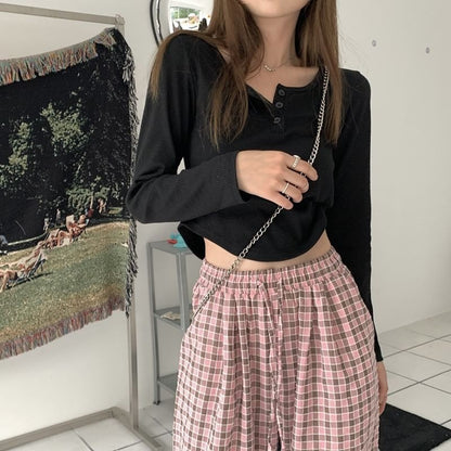 Cropped Henley-Neck Plain Long-Sleeved Tee