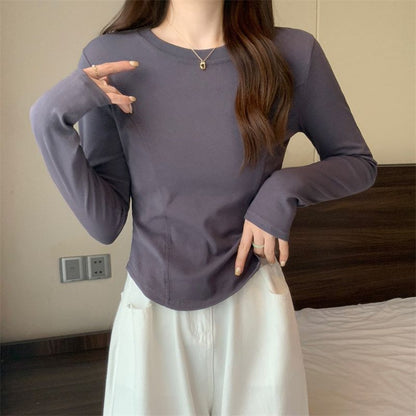 Plain Round-Neck Long-Sleeved Tee