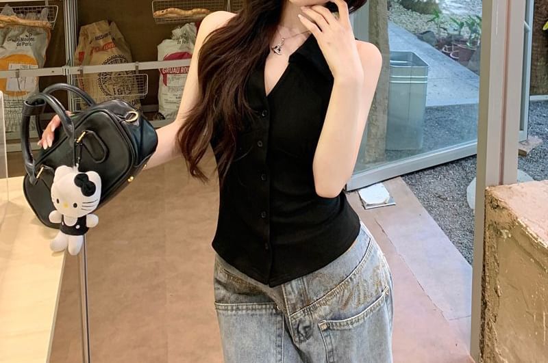 Buttoned Collared Plain Sleeveless Shirt