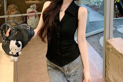 Buttoned Collared Plain Sleeveless Shirt
