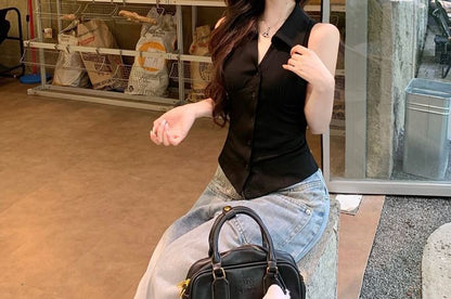 Buttoned Collared Plain Sleeveless Shirt