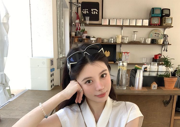 Plain Button-Up V-Neck Short-Sleeved Blouse