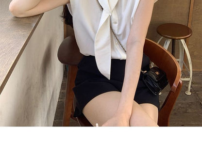 Plain Button-Up V-Neck Short-Sleeved Blouse