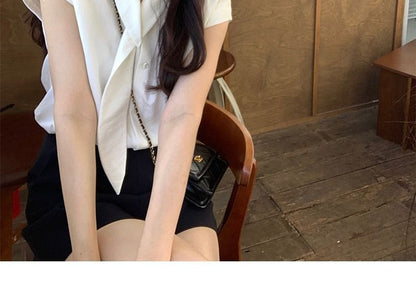 Plain Button-Up V-Neck Short-Sleeved Blouse