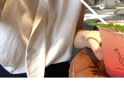 Plain Button-Up V-Neck Short-Sleeved Blouse