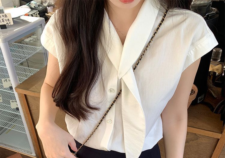 Plain Button-Up V-Neck Short-Sleeved Blouse