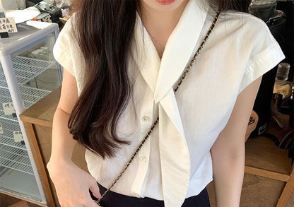 Plain Button-Up V-Neck Short-Sleeved Blouse
