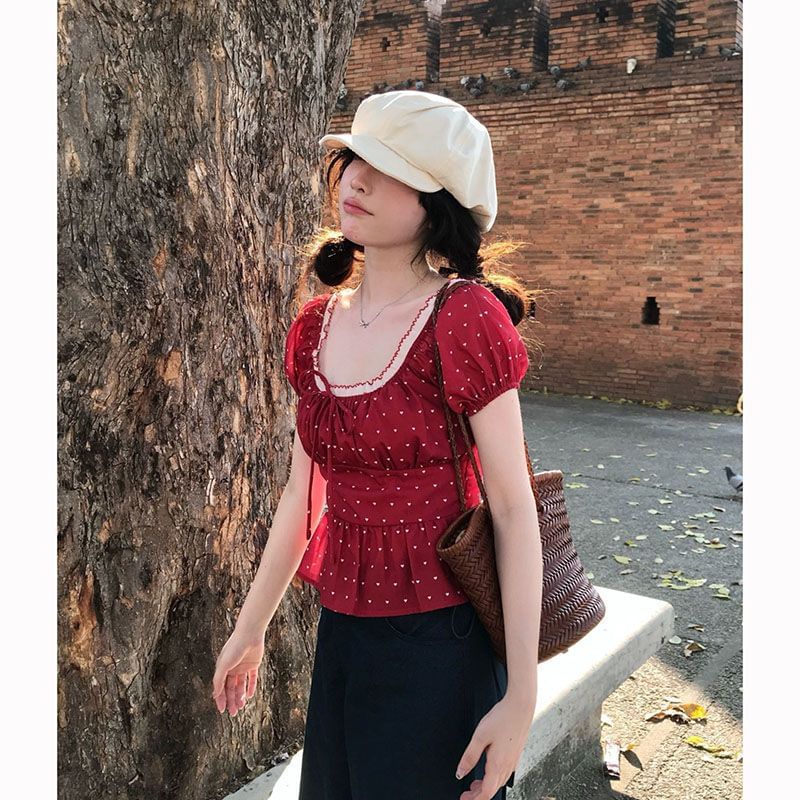 Dotted Scoop-Neck Puff-Sleeved Top with Ruffle Trim