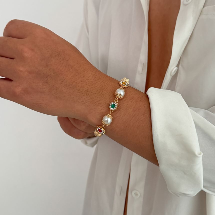 Rhinestone Faux Pearl Alloy Station Bracelet (Various Designs)