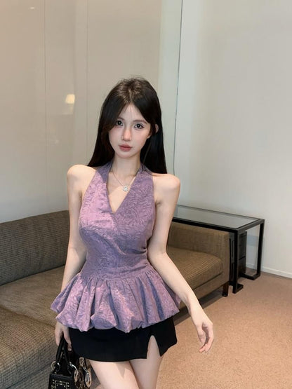 Halter Floral Peplum Lace Tank