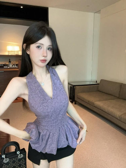 Halter Floral Peplum Lace Tank