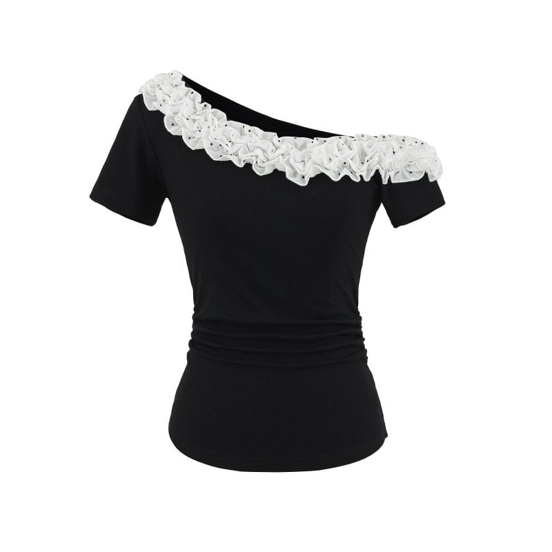 Short Sleeve Off-Shoulder Lace Trim Top