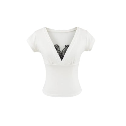 Short Sleeve V-Neck Lace Trim Top