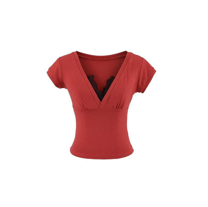 Short Sleeve V-Neck Lace Trim Top